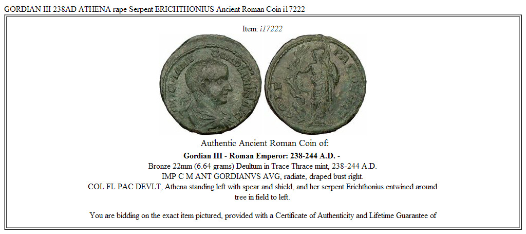 GORDIAN III 238AD ATHENA rape Serpent ERICHTHONIUS Ancient Roman Coin i17222