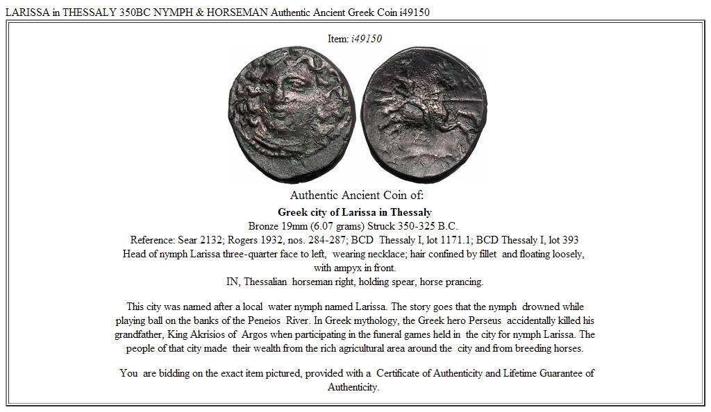 LARISSA in THESSALY 350BC NYMPH & HORSEMAN Authentic Ancient Greek Coin i49150