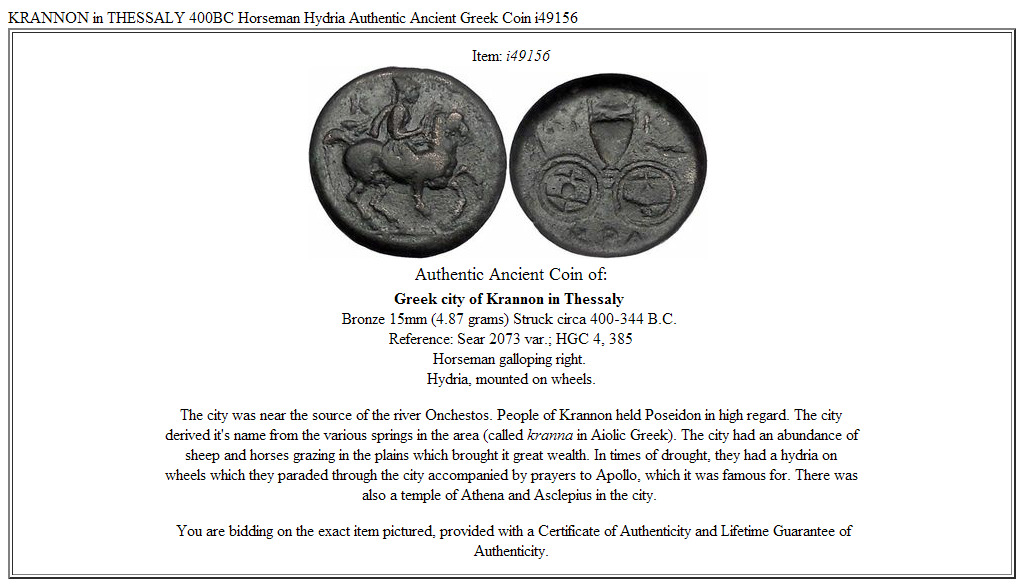 KRANNON in THESSALY 400BC Horseman Hydria Authentic Ancient Greek Coin i49156