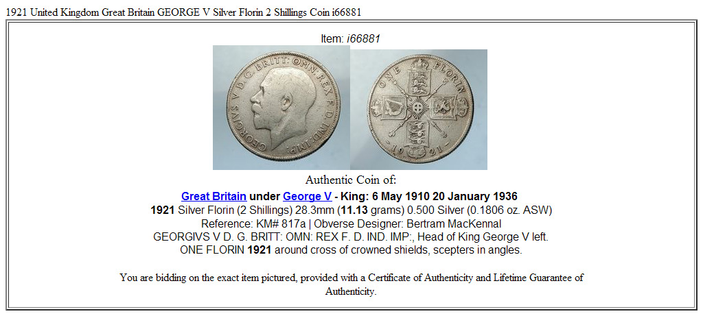 1921 United Kingdom Great Britain GEORGE V Silver Florin 2 Shillings Coin i66881