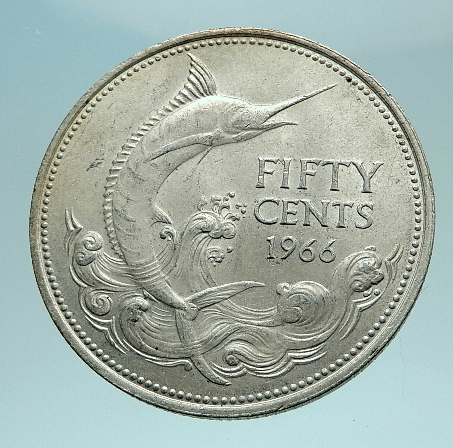 1966 BAHAMAS Silver Coin 50 Cents UK Queen Elizabeth II and Marlin FISH i79563