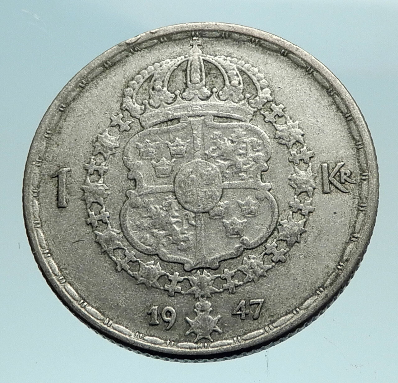 1947 Sweden KING GUSTAF V Crowned ARMS Vintage Genuine Silver Krona Coin i79564