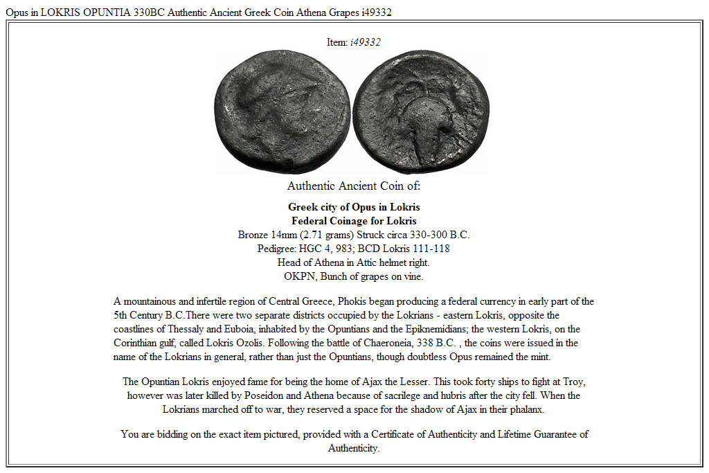 Opus in LOKRIS OPUNTIA 330BC Authentic Ancient Greek Coin Athena Grapes i49332