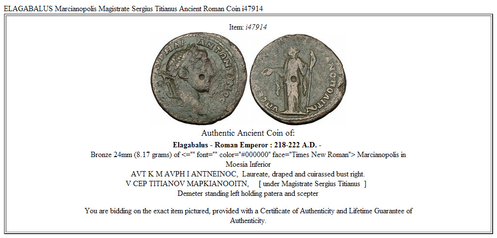 ELAGABALUS Marcianopolis Magistrate Sergius Titianus Ancient Roman Coin i47914