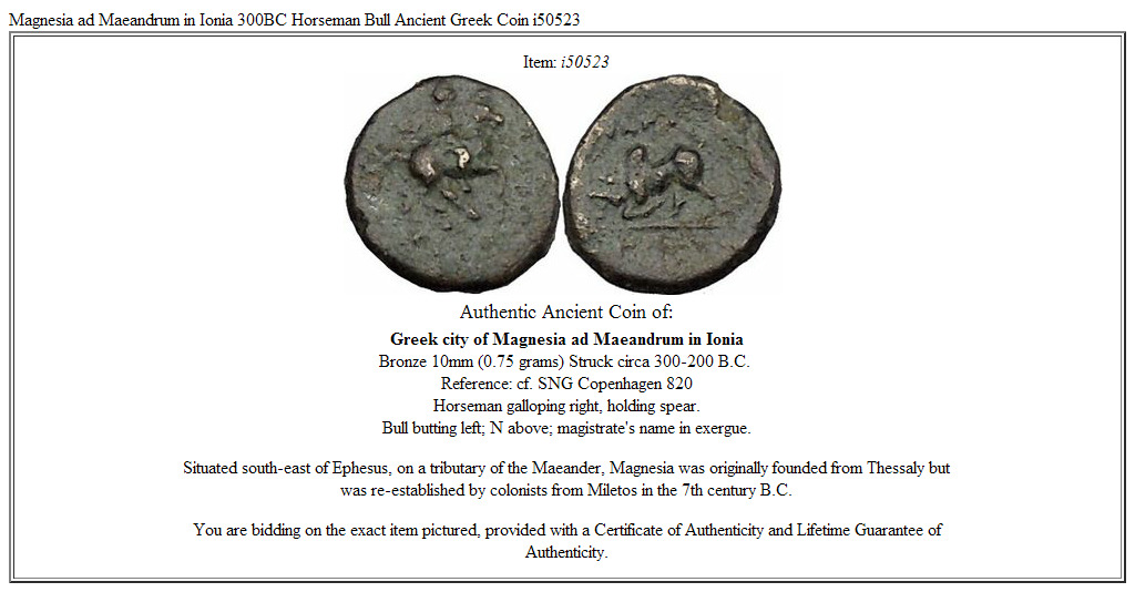 Magnesia ad Maeandrum in Ionia 300BC Horseman Bull Ancient Greek Coin i50523