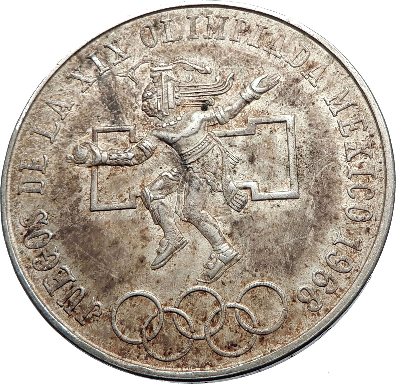 1968 Mexico XIX Olympic Games Aztec Ball Player BIG 25 Pesos Silver Coin i72008