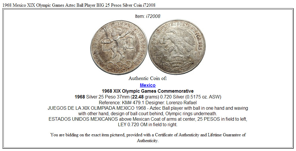 1968 Mexico XIX Olympic Games Aztec Ball Player BIG 25 Pesos Silver Coin i72008