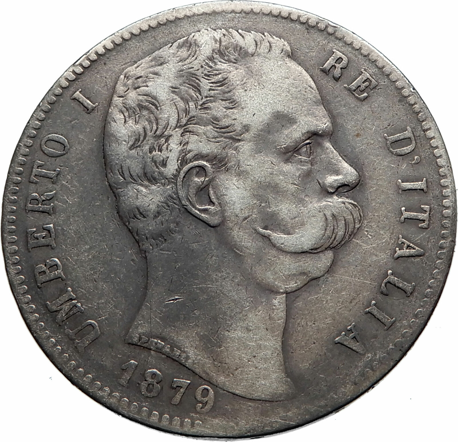 1879 ITALY with King Umberto I Genuine Antique Silver 5 Lire Italian Coin i74874