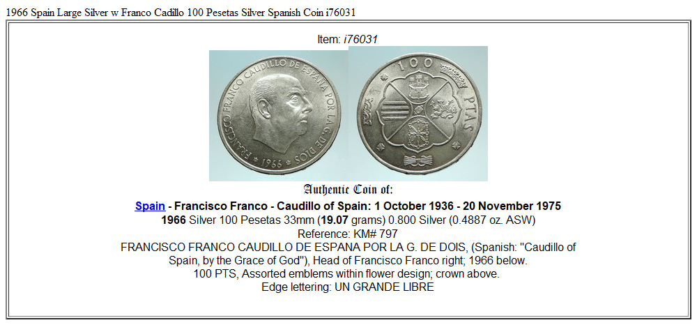 1966 Spain Large Franco Cadillo Genuine Silver 100 Pesetas Spanish Coin i76031