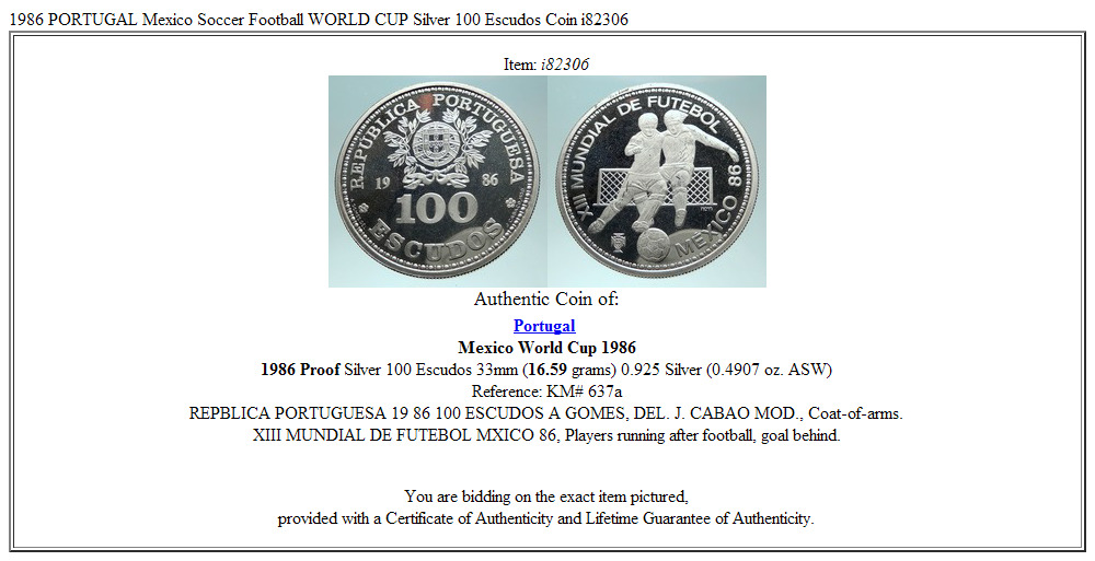 1986 PORTUGAL Mexico Soccer Football WORLD CUP Silver 100 Escudos Coin i82306