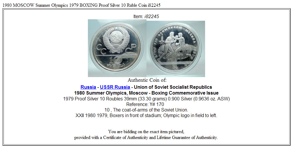 1980 MOSCOW Summer Olympics 1979 BOXING Proof Silver 10 Ruble Coin i82245