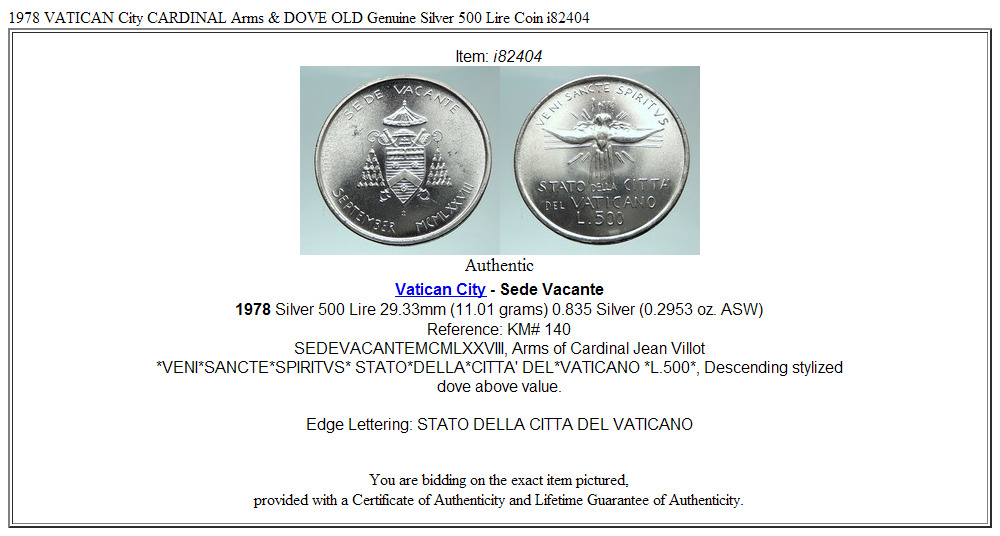 1978 VATICAN City CARDINAL Arms & DOVE OLD Genuine Silver 500 Lire Coin i82404