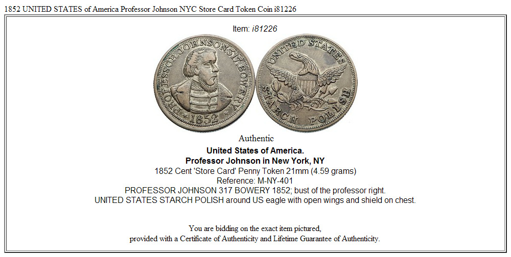 1852 UNITED STATES of America Professor Johnson NYC Store Card Token Coin i81226