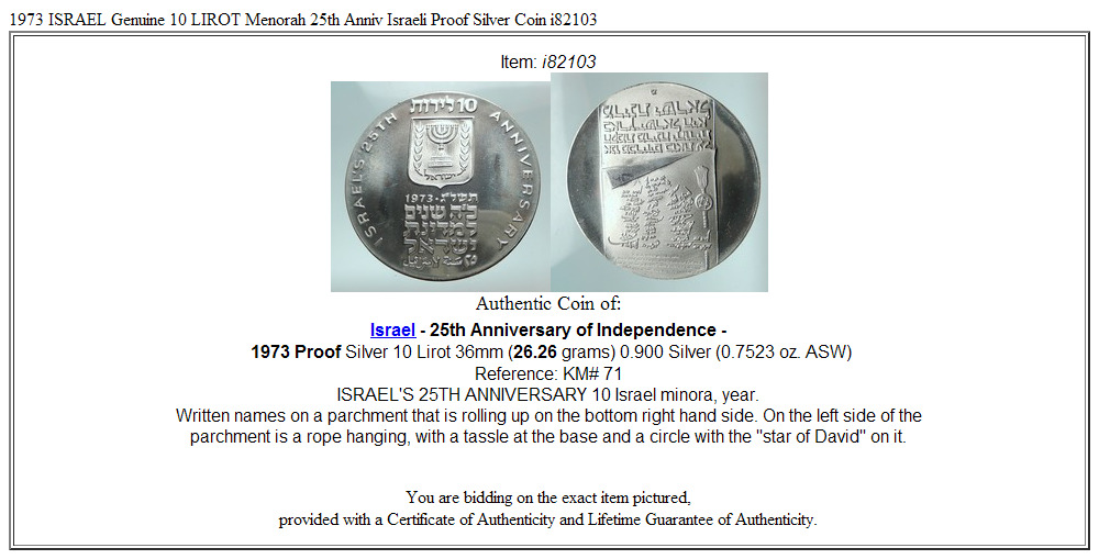 1973 ISRAEL Genuine 10 LIROT Menorah 25th Anniv Israeli Proof Silver Coin i82103