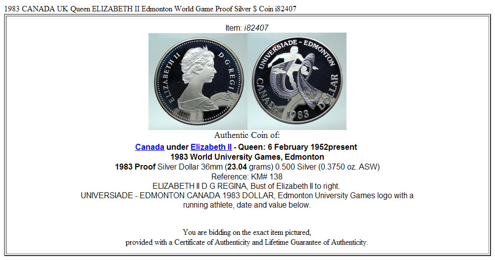 1983 CANADA UK Queen ELIZABETH II Edmonton World Game Proof Silver $ Coin i82407