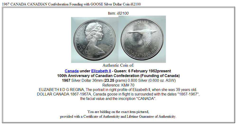 1967 CANADA CANADIAN Confederation Founding with GOOSE Silver Dollar Coin i82100