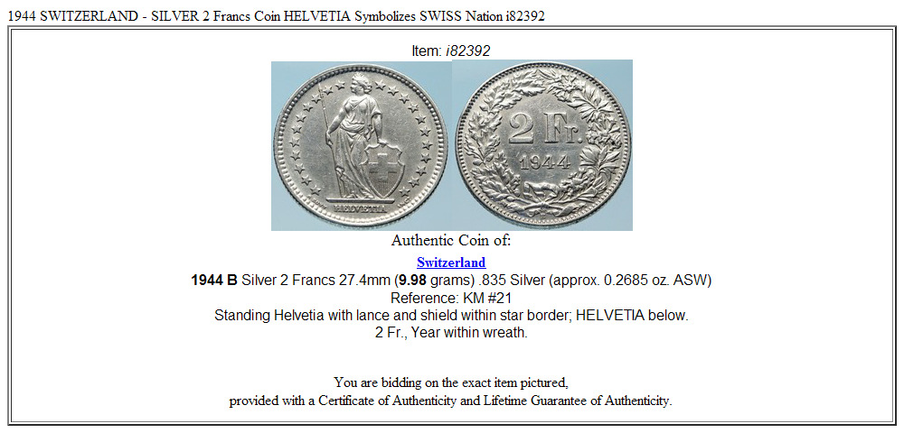 1944 SWITZERLAND - SILVER 2 Francs Coin HELVETIA Symbolizes SWISS Nation i82392