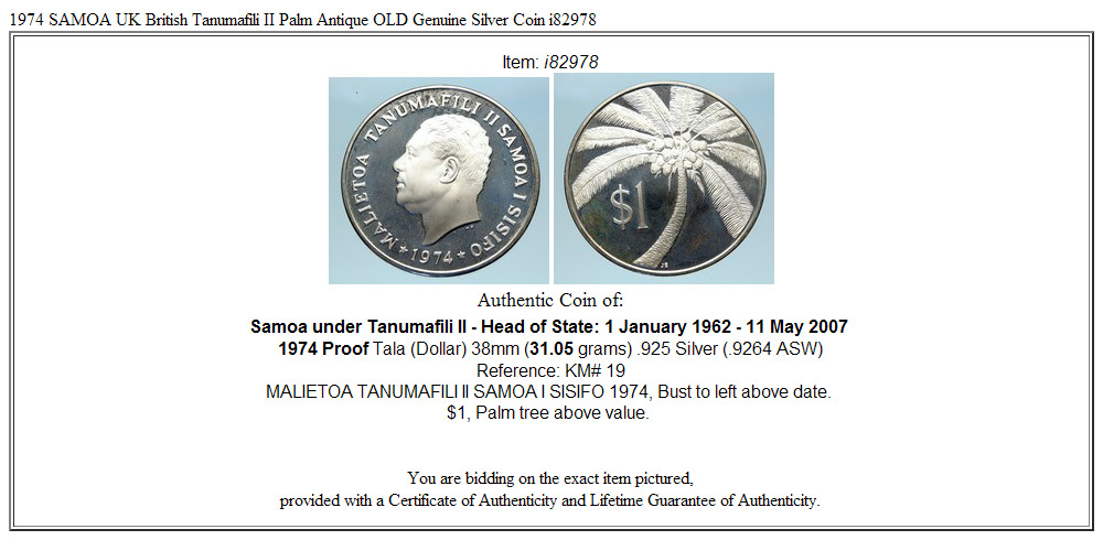 1974 SAMOA UK British Tanumafili II Palm Antique OLD Genuine Silver Coin i82978