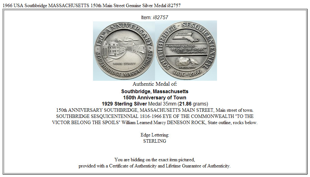 1966 USA Southbridge MASSACHUSETTS 150th Main Street Genuine Silver Medal i82757