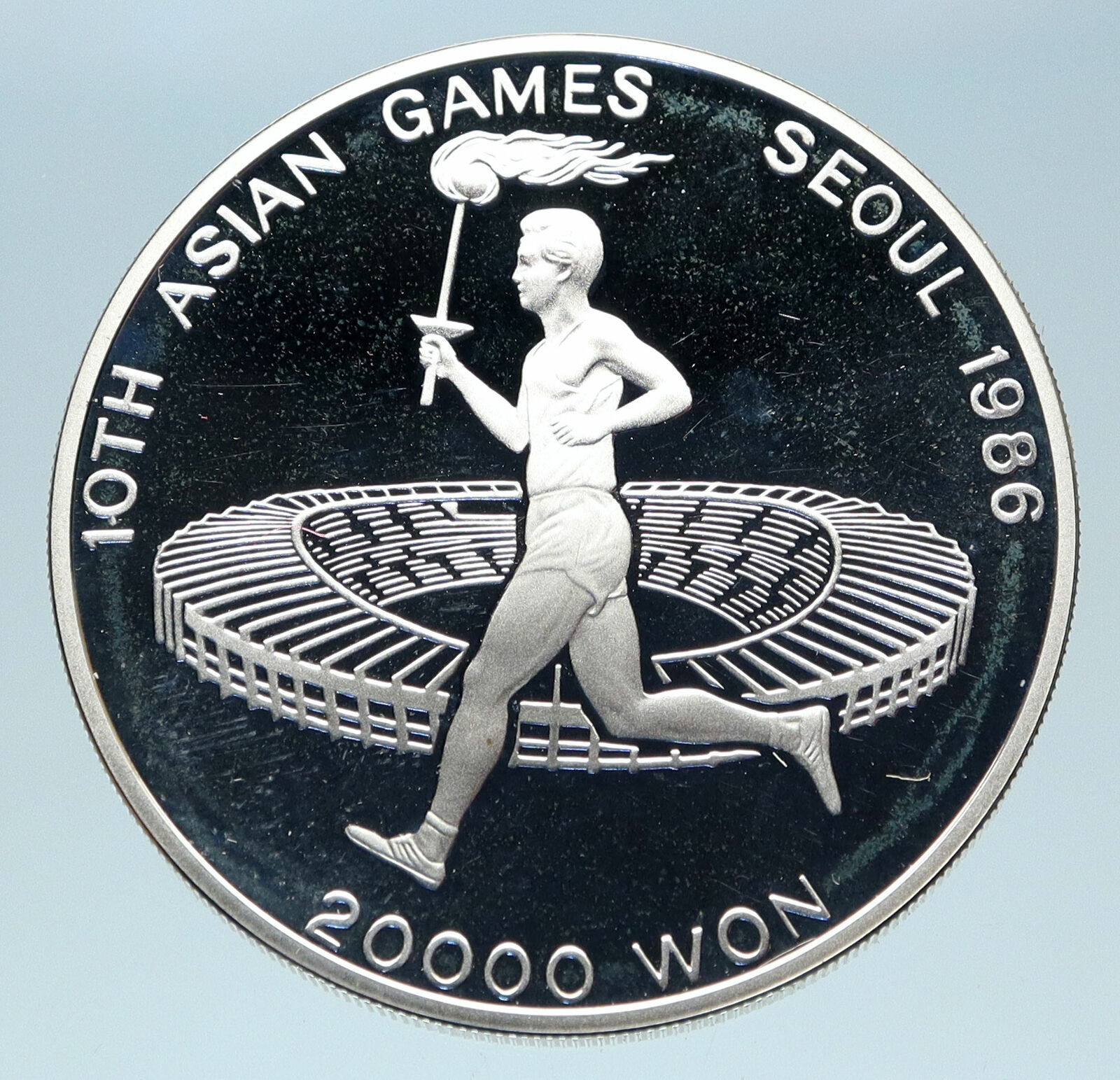1986 SOUTH KOREA Seoul Olympics Torch Stadium Proof Silver 20000 Won Coin i83086
