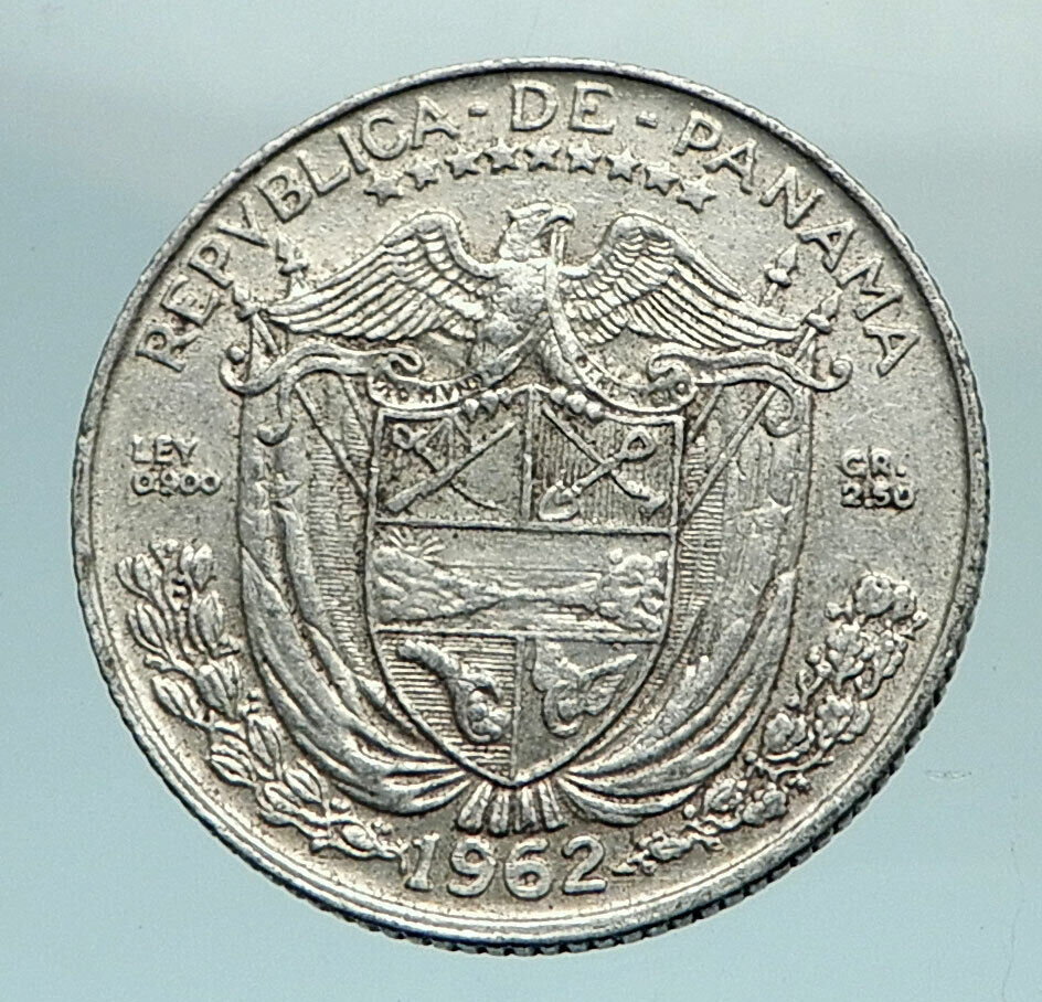1962 PANAMA - Tenth 1/10th Spanish Conquistador HERO BALBOA Silver Coin i79681