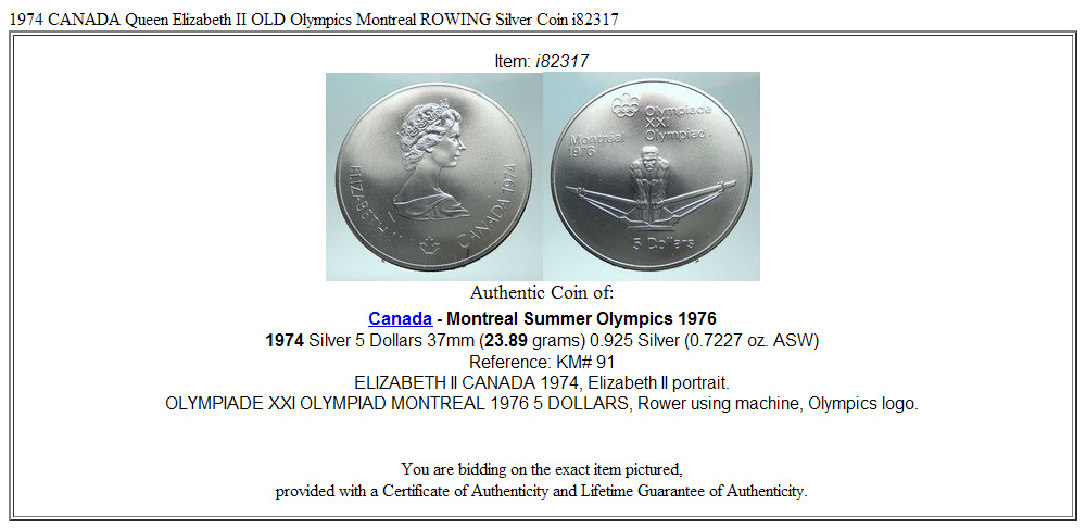 1974 CANADA Queen Elizabeth II OLD Olympics Montreal ROWING Silver Coin i82317