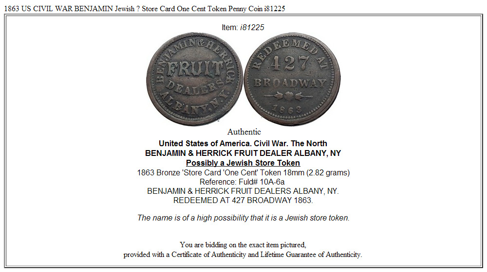 1863 US CIVIL WAR BENJAMIN Jewish ? Store Card One Cent Token Penny Coin i81225