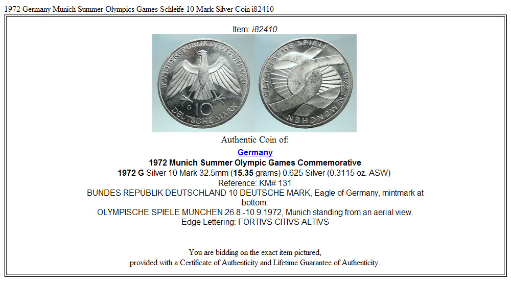 1972 Germany Munich Summer Olympics Games Schleife 10 Mark Silver Coin i82410