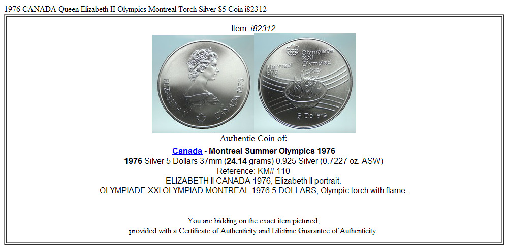 1976 CANADA Queen Elizabeth II Olympics Montreal Torch Silver $5 Coin i82312