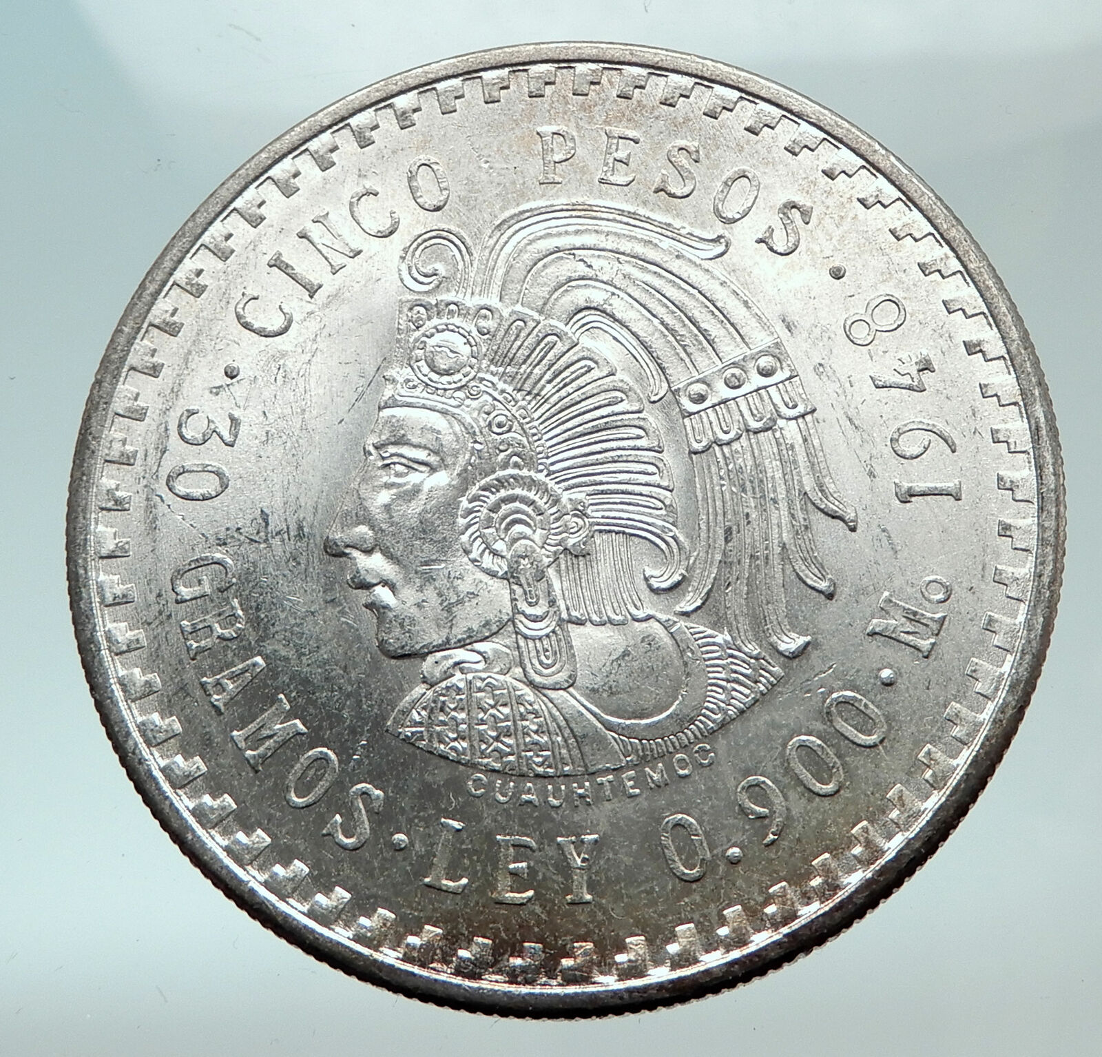 1948 MEXICO Aztec Chieftain CUAUHTEMOC Eagle Genuine Silver 5 Peso Coin i82101