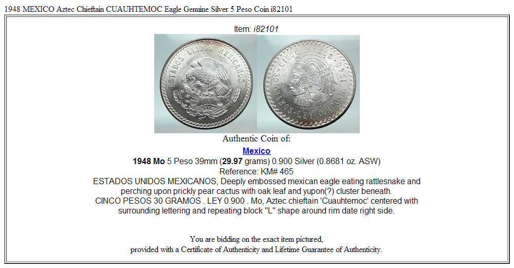 1948 MEXICO Aztec Chieftain CUAUHTEMOC Eagle Genuine Silver 5 Peso Coin i82101