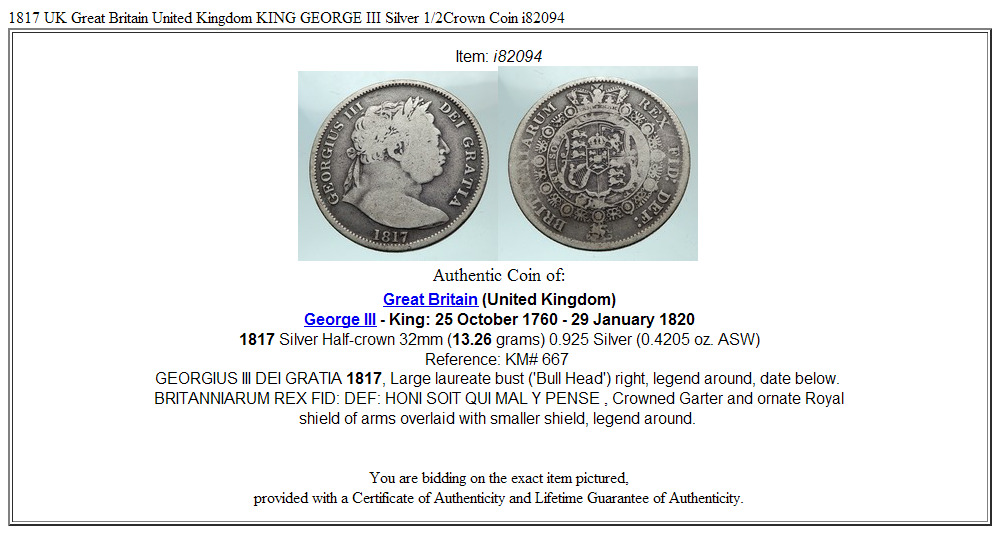 1817 UK Great Britain United Kingdom KING GEORGE III Silver 1/2Crown Coin i82094