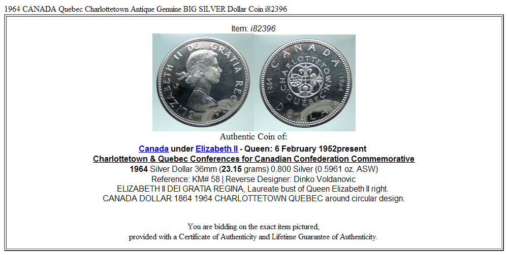 1964 CANADA Quebec Charlottetown Antique Genuine BIG SILVER Dollar Coin i82396