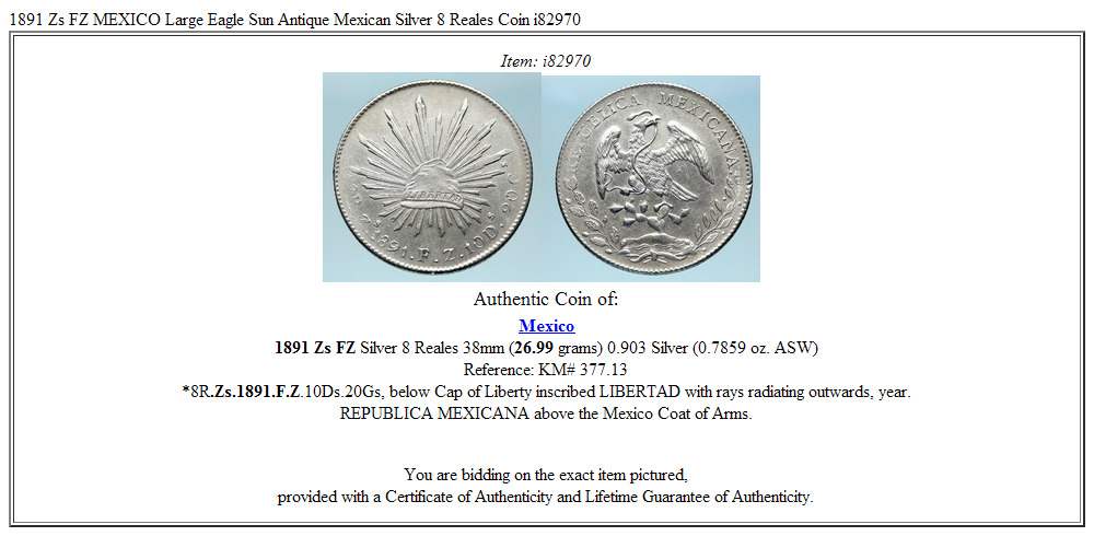 1891 Zs FZ MEXICO Large Eagle Sun Antique Mexican Silver 8 Reales Coin i82970