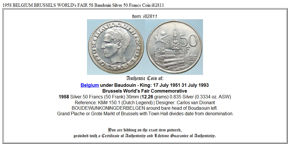 1958 BELGIUM BRUSSELS WORLD's FAIR 58 Baudouin Silver 50 Francs Coin i82811