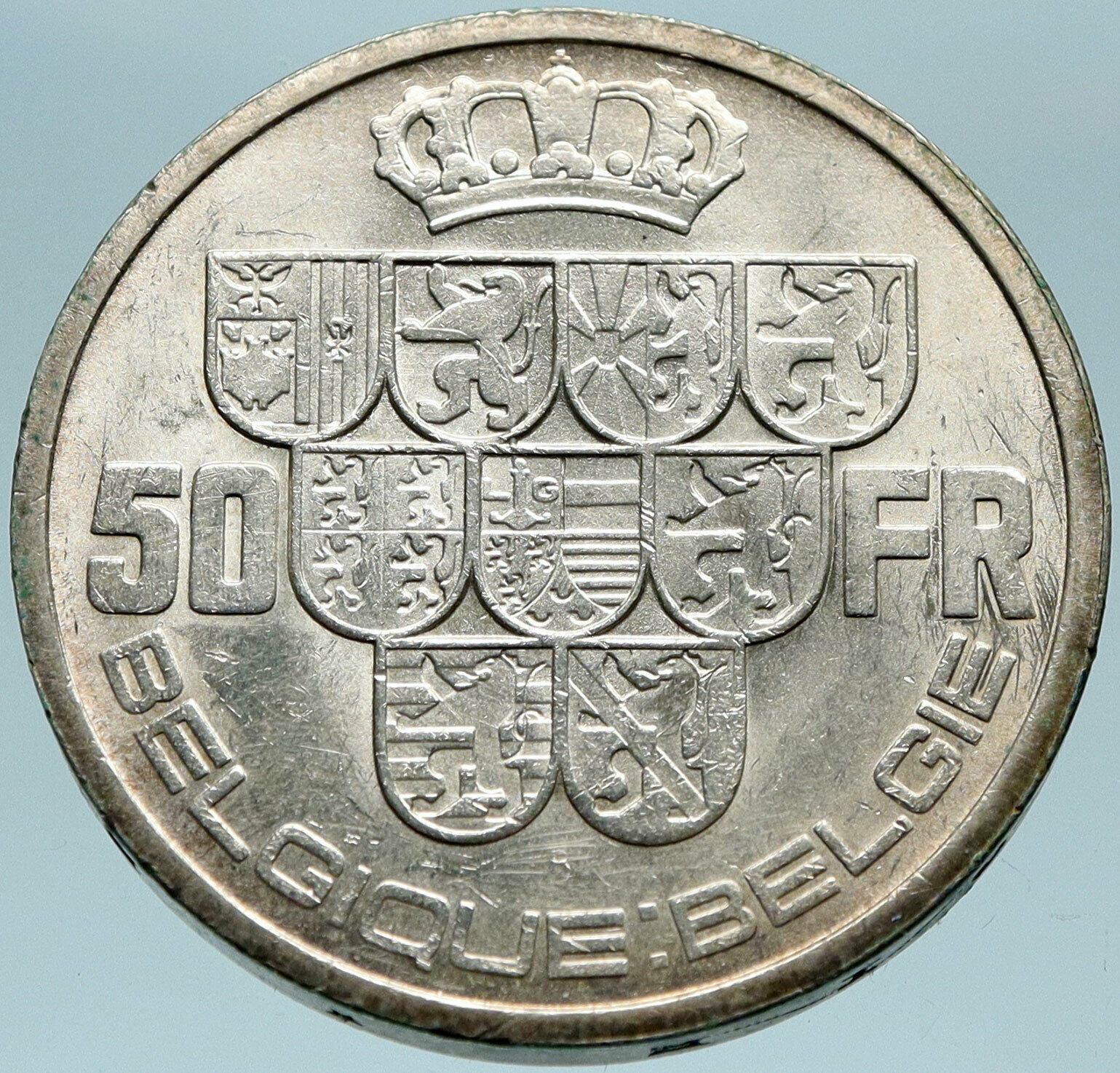 1939 BELGIUM King Leopold III w 9 Shields Genuine Silver 50 Francs Coin i82795