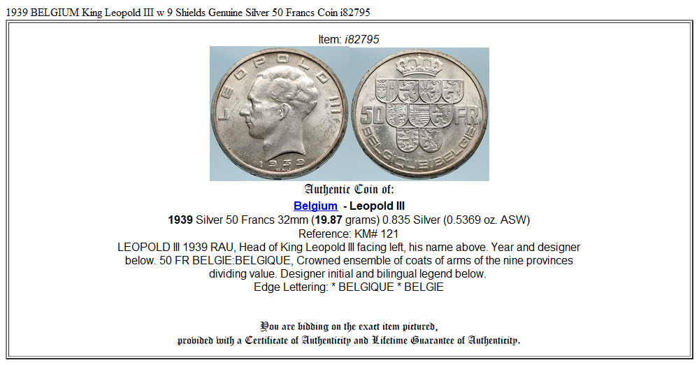 1939 BELGIUM King Leopold III w 9 Shields Genuine Silver 50 Francs Coin i82795