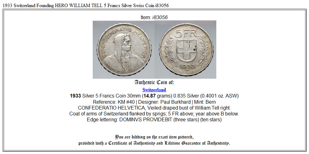 1933 Switzerland Founding HERO WILLIAM TELL 5 Francs Silver Swiss Coin i83056