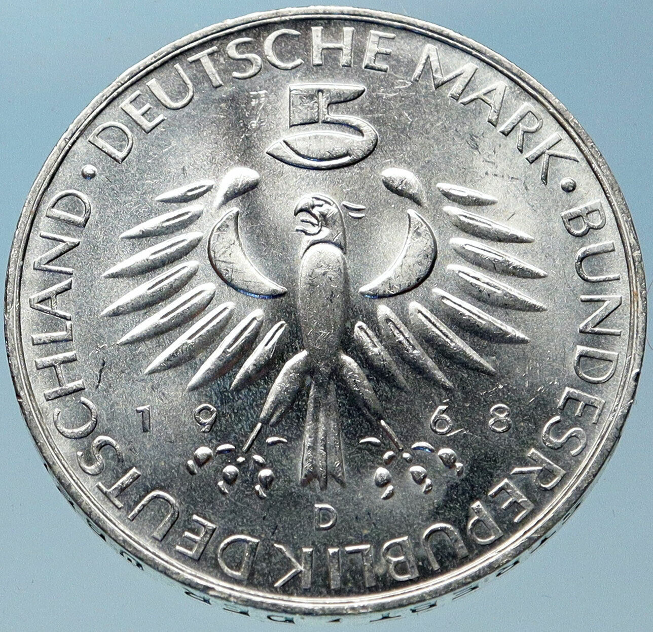 1968 GERMANY Chemist Hygienist Max Pettenkofer OLD Genuine 5 Mark Coin i82388