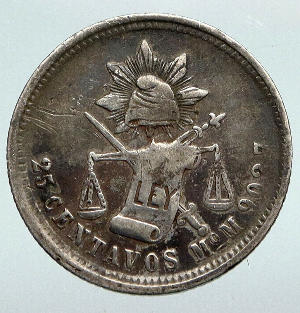 1872 MoM MEXICO Eagle and Cap Antique OLD Mexican Silver 25 Centavos Coin i90728