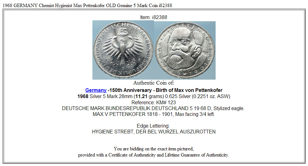 1968 GERMANY Chemist Hygienist Max Pettenkofer OLD Genuine 5 Mark Coin i82388