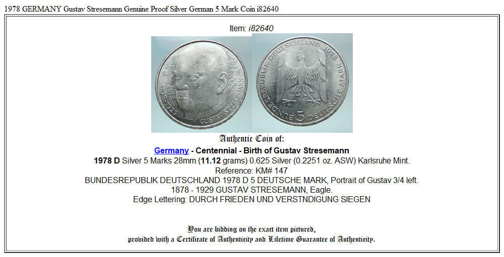 1978 GERMANY Gustav Stresemann Genuine Proof Silver German 5 Mark Coin i82640