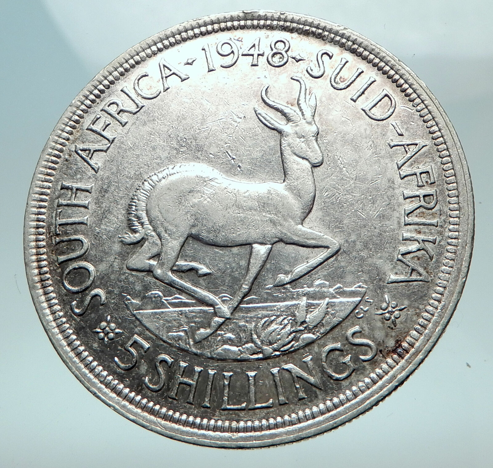 1948 SOUTH AFRICA George VI SPRINGBOK Deer Silver 5 Shillings LARGE Coin i82647