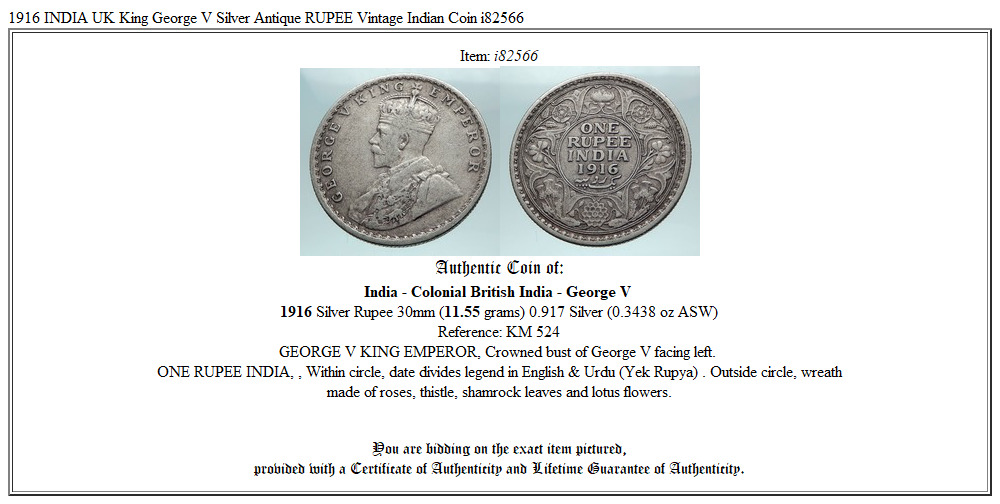 1916 INDIA UK King George V Silver Antique RUPEE Vintage Indian Coin i82566