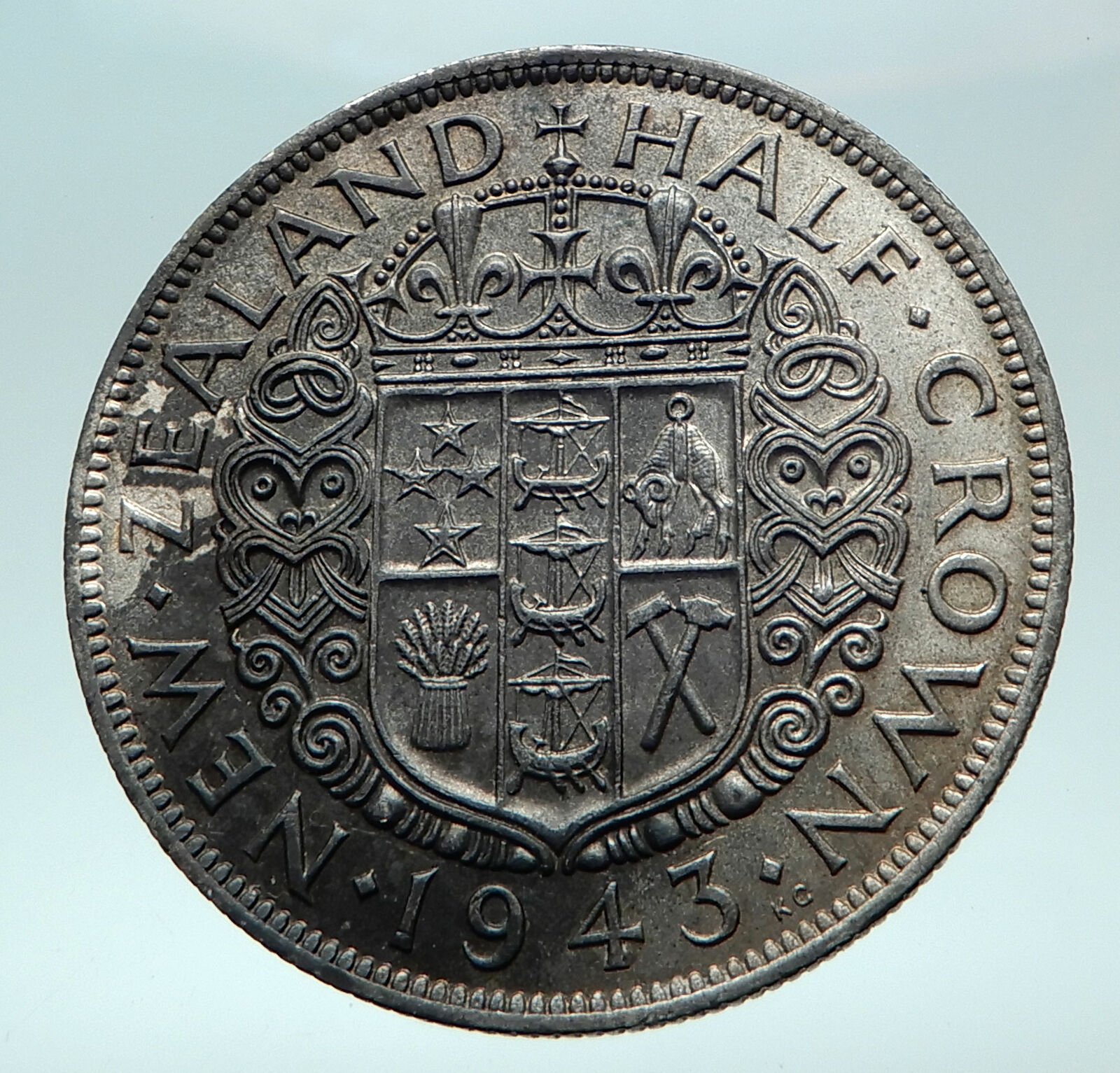 1943 NEW ZEALAND under UK King George VI Silver 1/2 Crown Coin Shield i82572