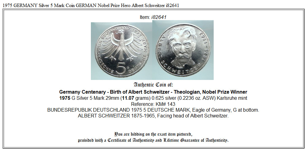 1975 GERMANY Silver 5 Mark Coin GERMAN Nobel Prize Hero Albert Schweitzer i82641