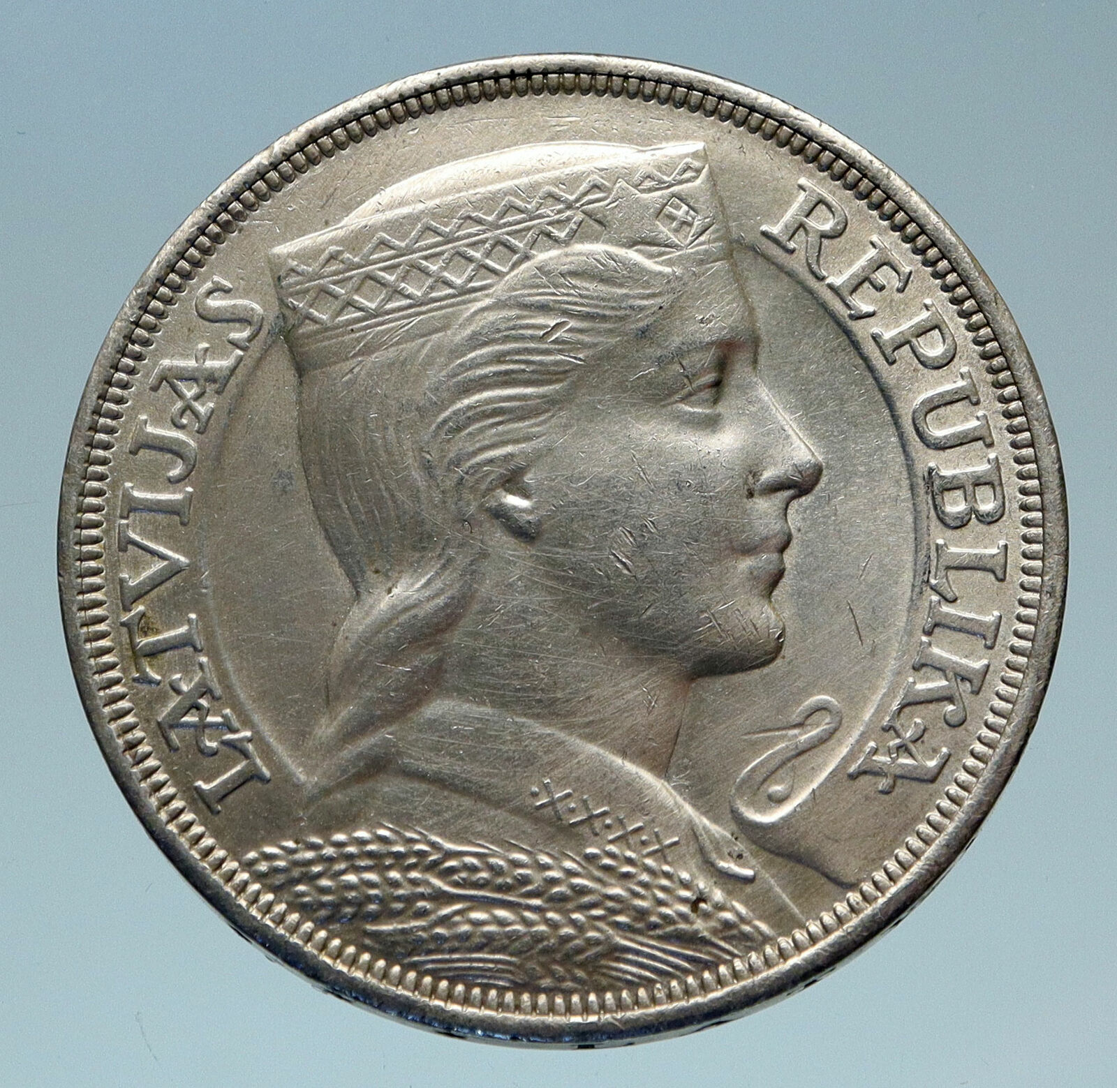 1931 LATVIA w Female Headwear 5 Lati LARGE Vintage Silver European Coin i82732