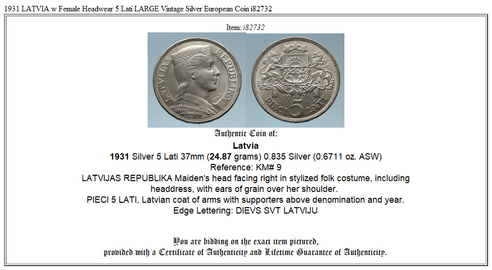 1931 LATVIA w Female Headwear 5 Lati LARGE Vintage Silver European Coin i82732