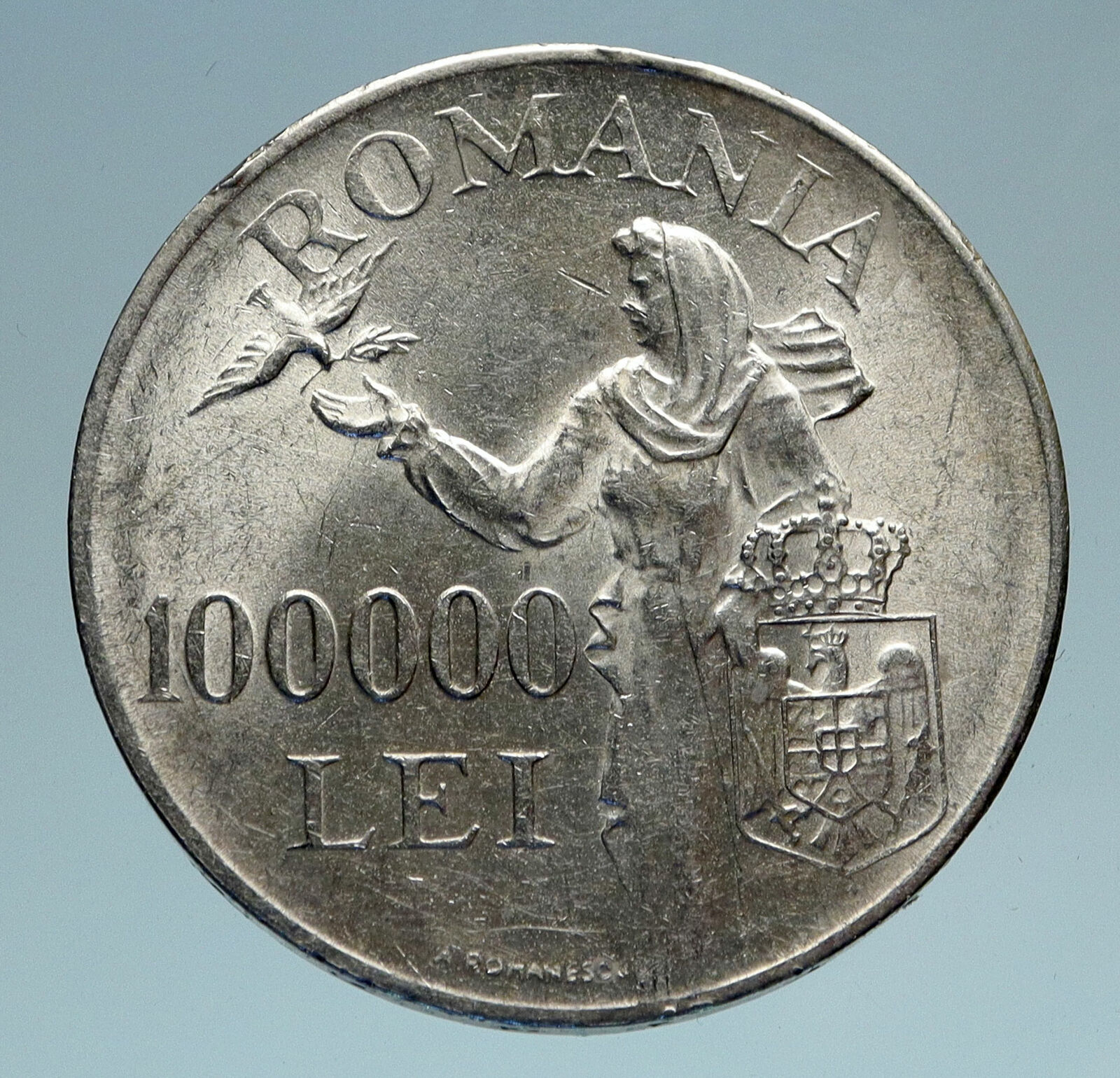 1946 ROMANIA Michael I Romanian Lady & Bird Antique Genuine Silver Coin i82996