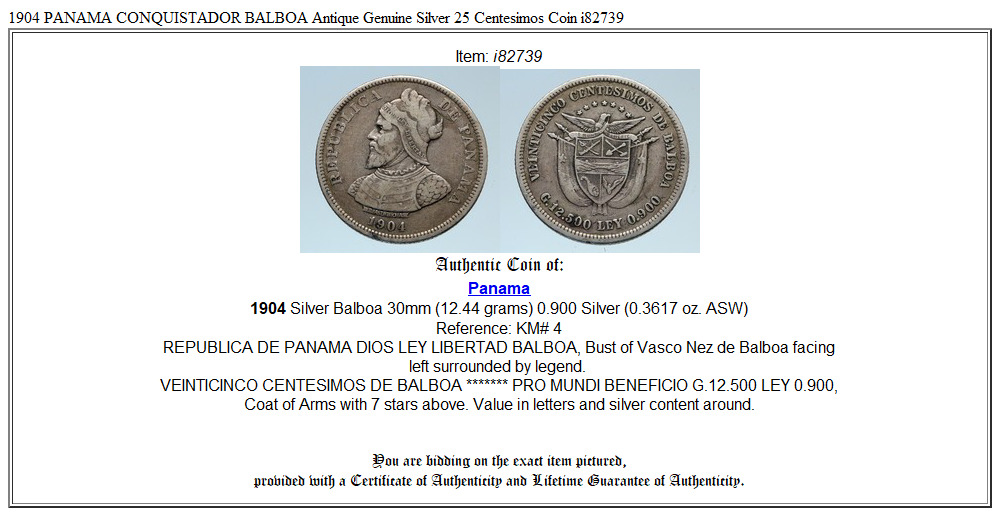 1904 PANAMA CONQUISTADOR BALBOA Antique Genuine Silver 25 Centesimos Coin i82739